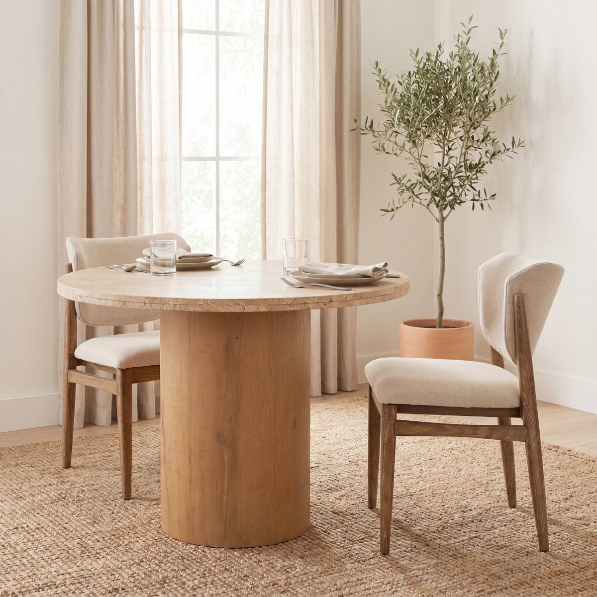 Cline Curved Back Dining Side Chair | Cream Fabric with Brown Wood, Dining Chair by Mercana, 21" length x 22.5" width x 32" height View 5