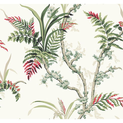 Enchanted Fern Green & Red Wallpaper