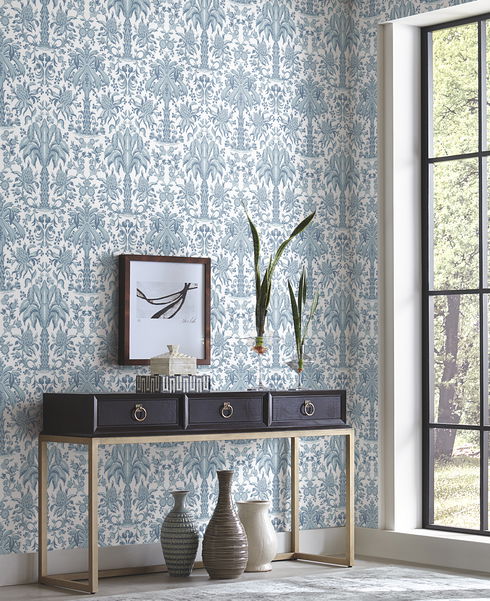 Palmetto Palm Damask Blue Wallpaper