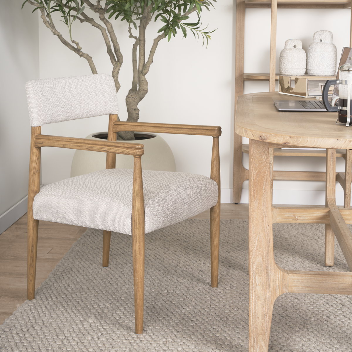 Toni Curved Back Dining Side Chair | Cream Fabric with Light Brown Wood, Dining Chair by Mercana, 22.44" length x 24.61" width x 33.66" height View 3
