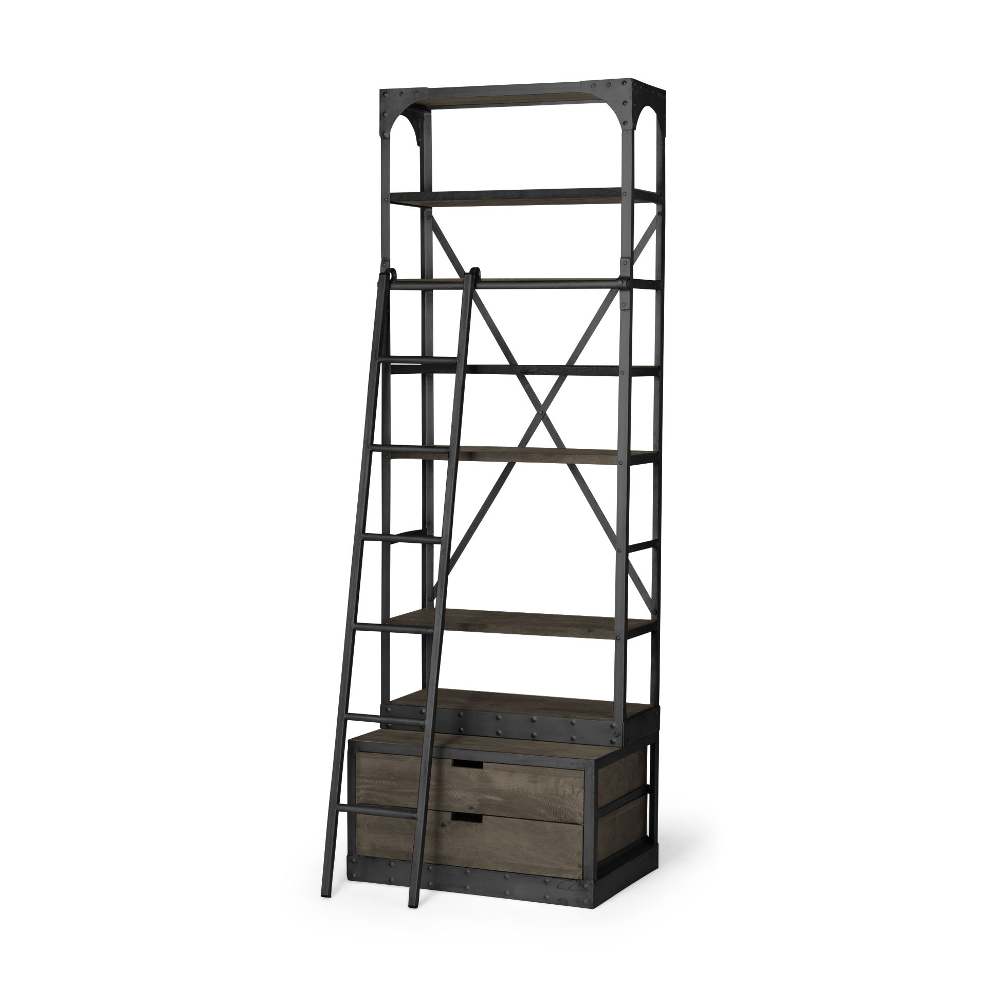 Brodie VII 32L x 22W x 94H Brown Wood Gun-Metal Bracing Four Shelf Shelving Unit large image 