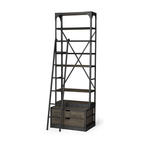 Brodie VII 32L x 22W x 94H Brown Wood Gun-Metal Bracing Four Shelf Shelving Unit