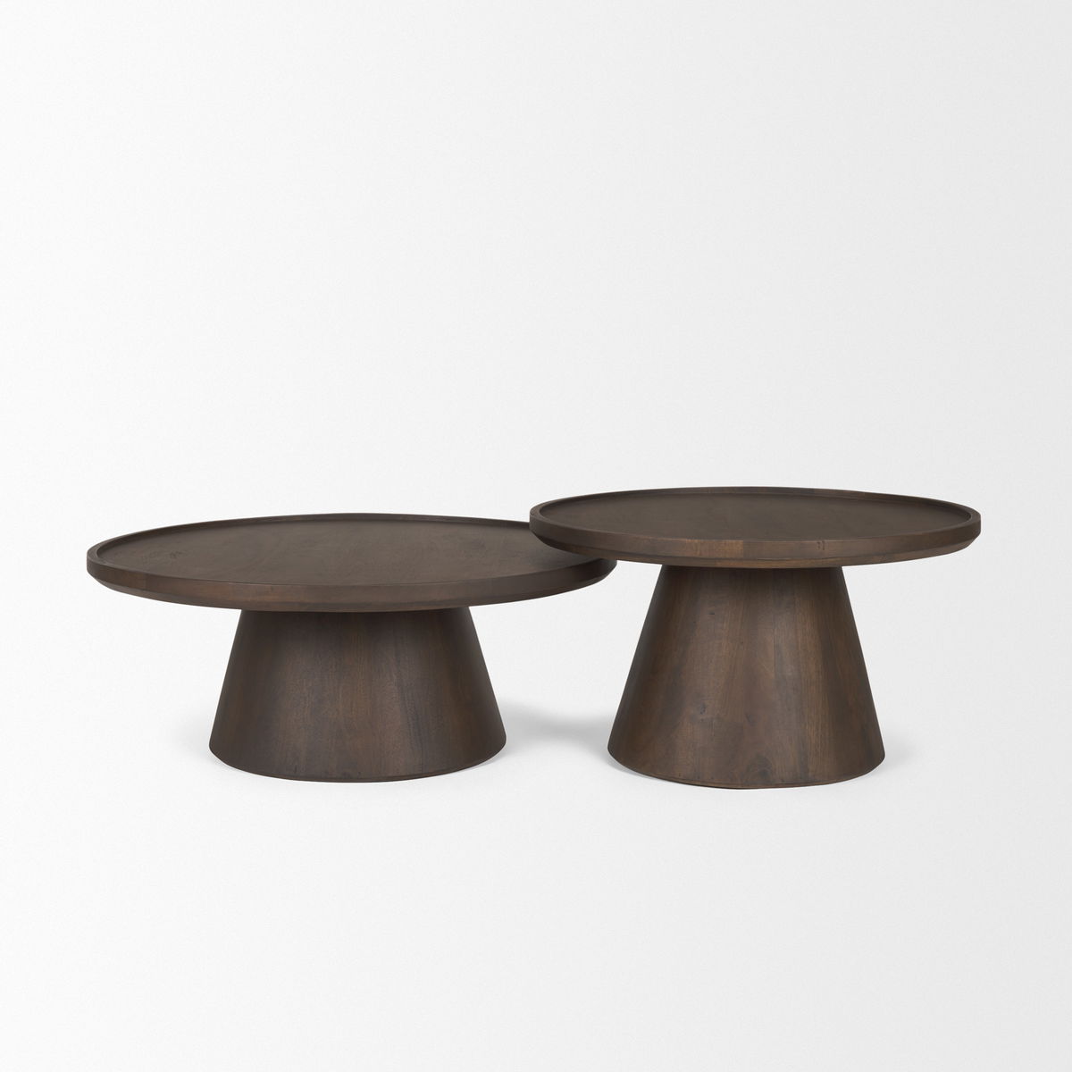 Takoda Dark Brown Wood Tapered Drum Nesting Coffee Tables, by Mercana, 36" length x 36" width x 14" height View 5