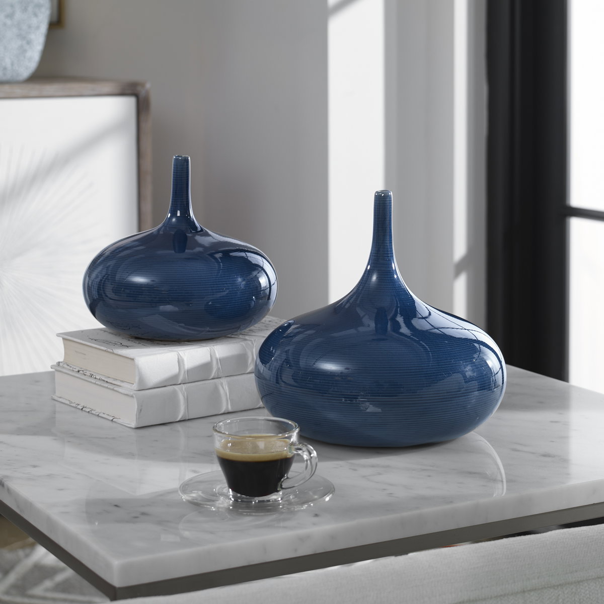 Zayan Blue Vases Set/2, by Uttermost, 9" width x 7.87" height x 9" depth View 2