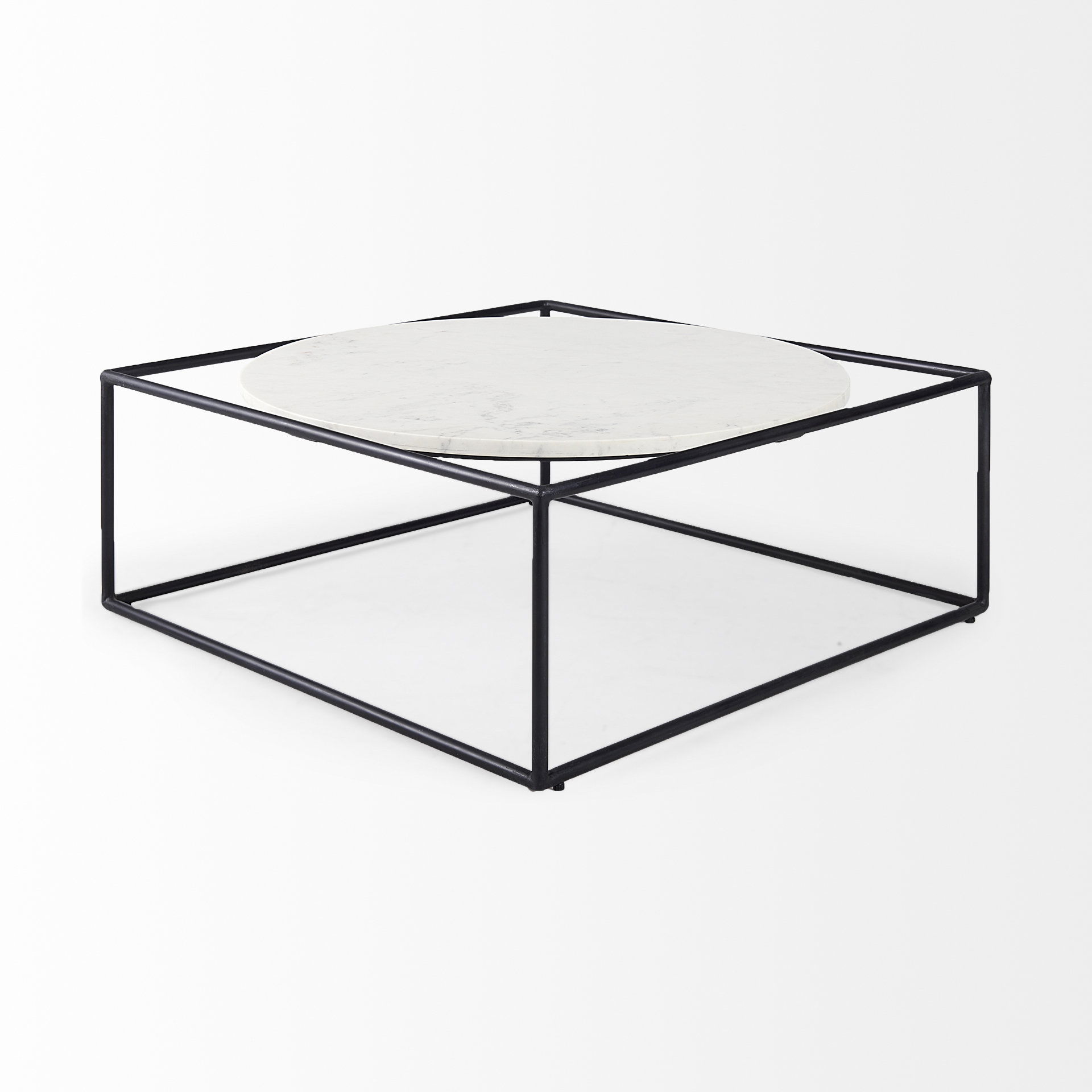 Austen 36L x 36W x 14.5H Round White Marble Top with Black Metal Frame Coffee Table, by Mercana, 36" length x 36" width x 14" height View 7