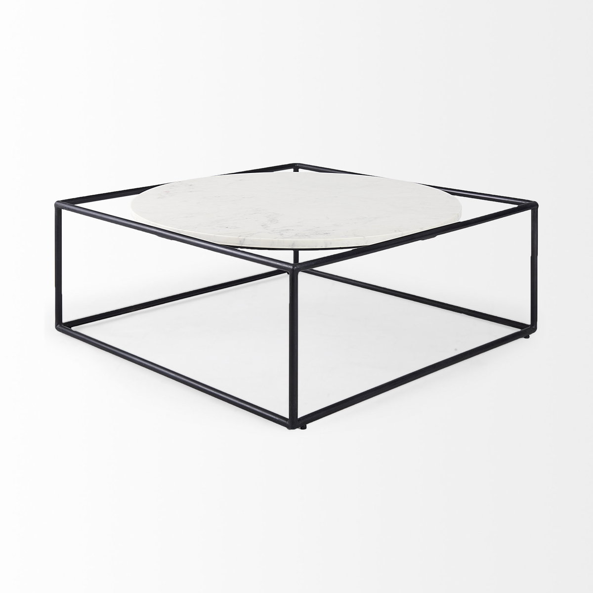 Austen 36L x 36W x 14.5H Round White Marble Top with Black Metal Frame Coffee Table, by Mercana, 36" length x 36" width x 14" height View 7