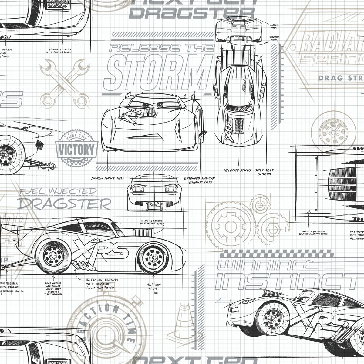 Disney & Pixar Cars Schematic Grey Peel & Stick Wallpaper, by York Wall, 16'6" length x 1'8.5" width x 0.02" depth