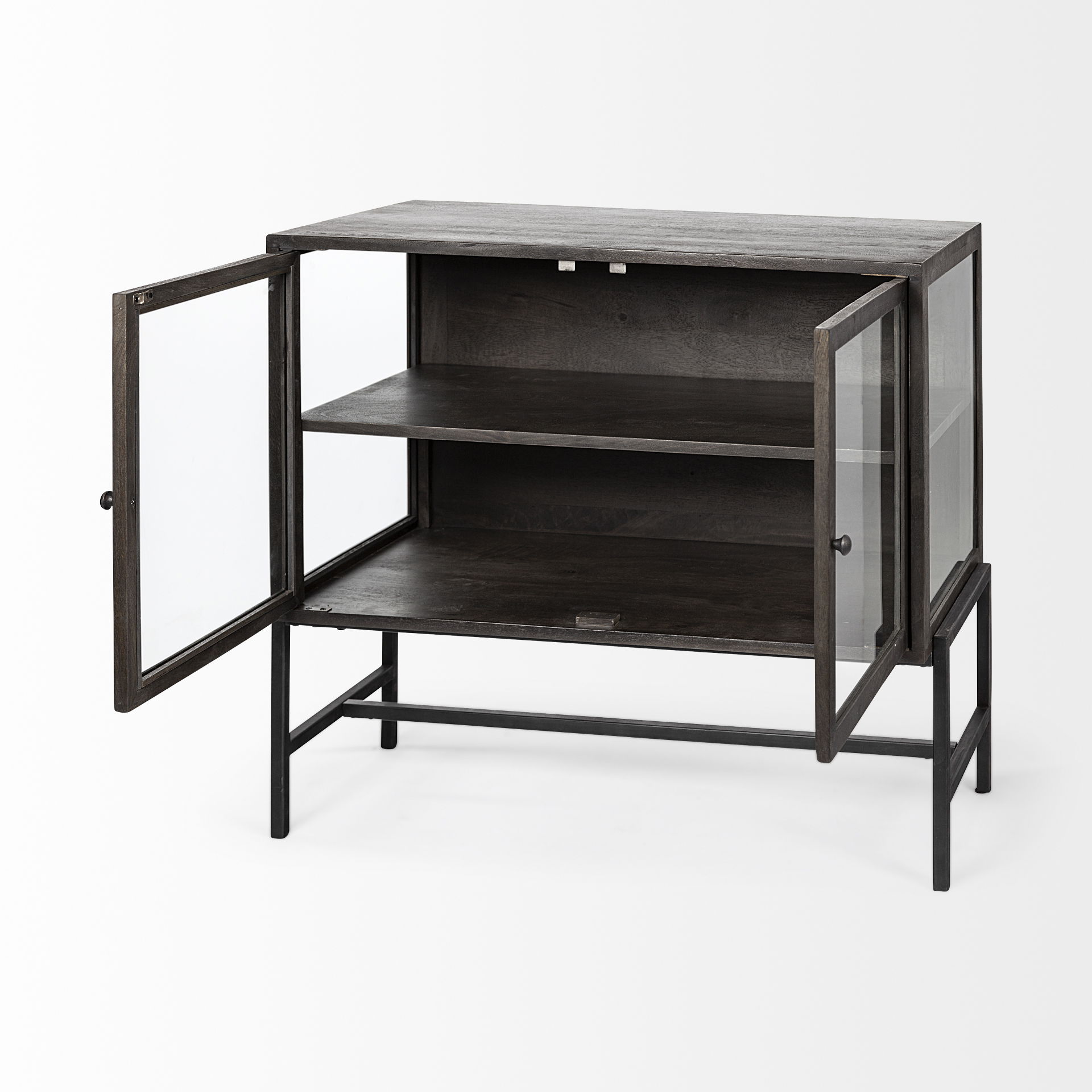 Arelius  36L x 18W Black-Brown Wood, Black Metal Base with 2 Glass Doors Accent Cabinet, Cabinets & Chest by Mercana, 36" length x 18" width x 32" height View 8
