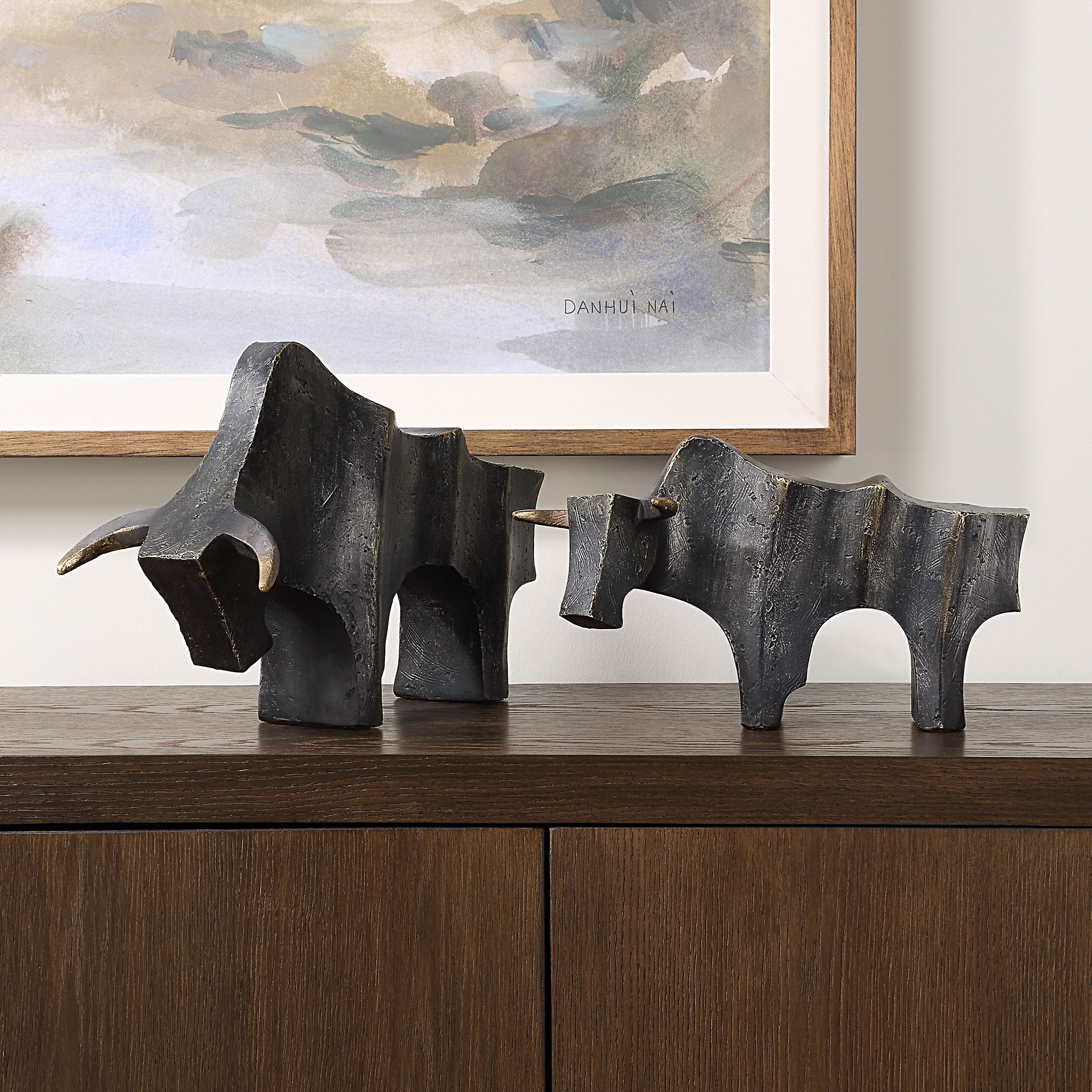 Regal Bull Bronze Sculptures Set/2, Decorative by Uttermost, 15" width x 9.5" height x 6.37" depth View 2