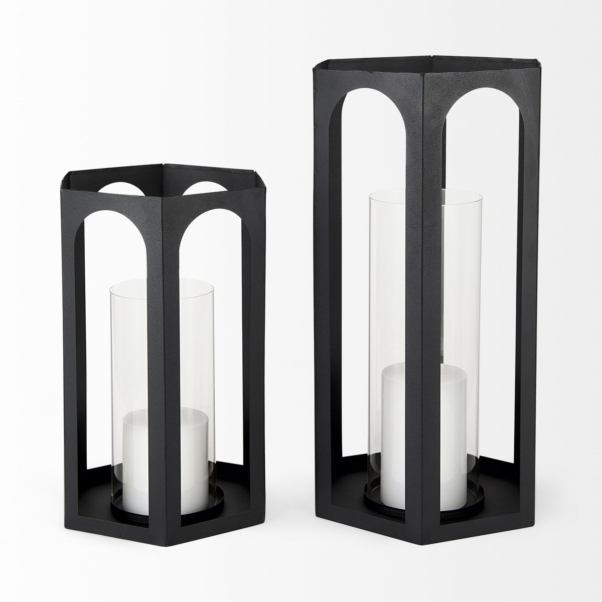 Balley  Set of Two Matte Black Metal Hexagonal Candle Holder Lanterns, Lighting by Mercana, 9.45" length x 9.45" width x 19.69" height View 5