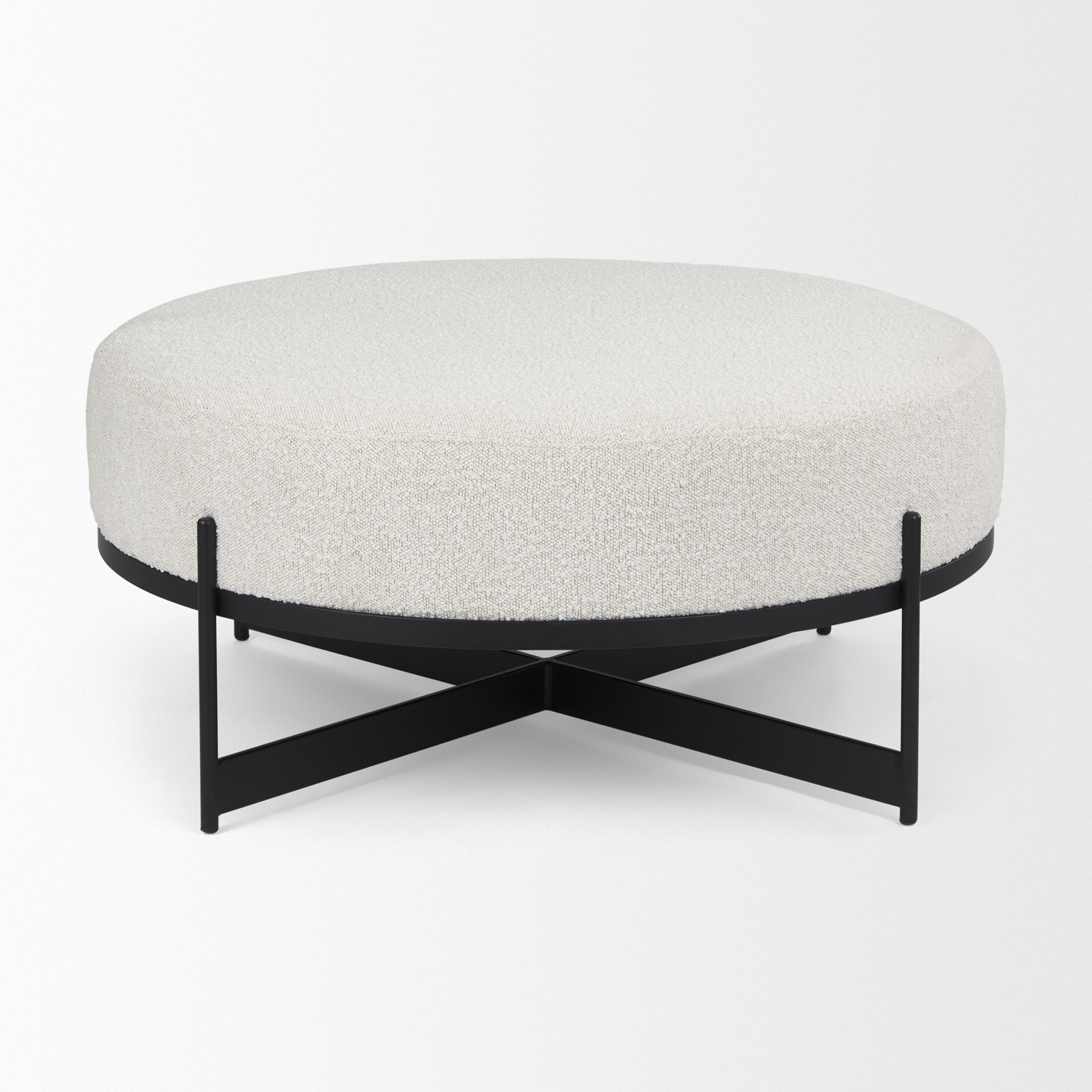 Amelia  Cream Boucle with Black Metal Upholstered Ottoman, by Mercana, 35.83" length x 35.83" width x 17.5" height View 3
