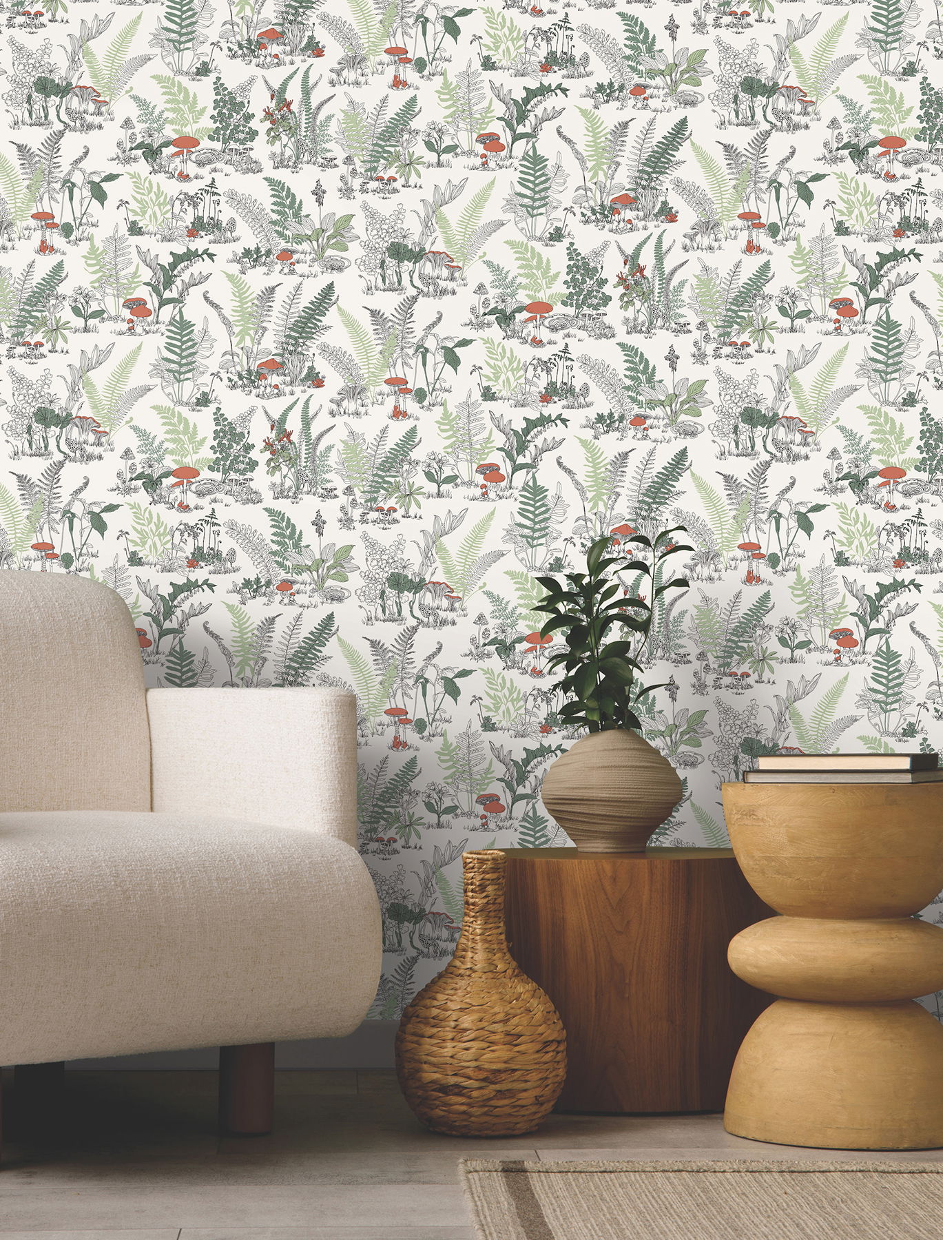 Mushroom Garden Toile Red & Green Wallpaper large image 