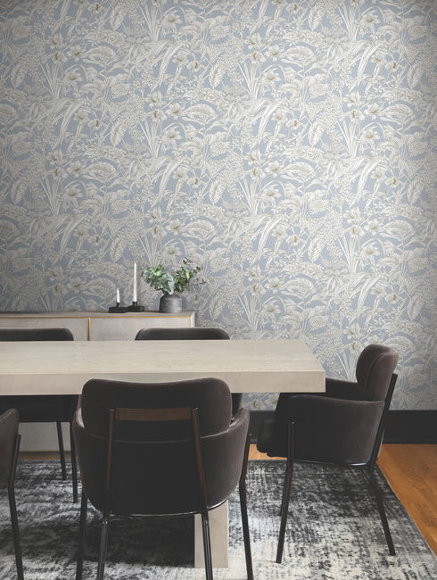 Orchid Conservatory Toile Blue & Taupe Wallpaper