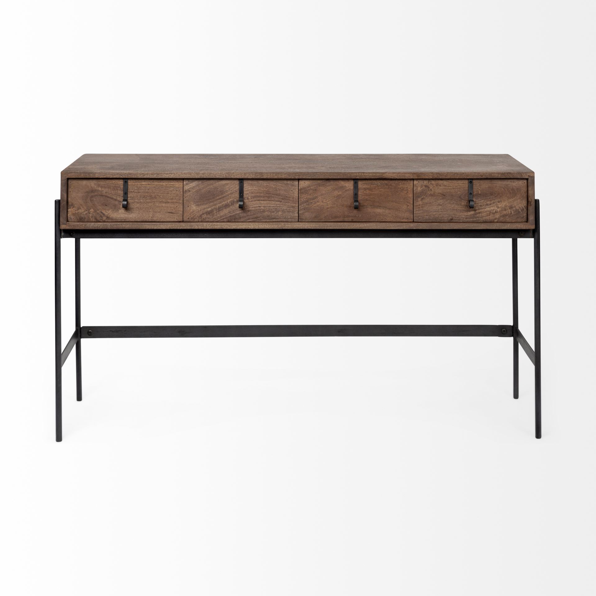 Glenn III 56L x 14W Dark Brown Wood with Black Iron Frame, 4 Drawer Console Table, by Mercana, 55.5" length x 14.5" width x 30" height View 5