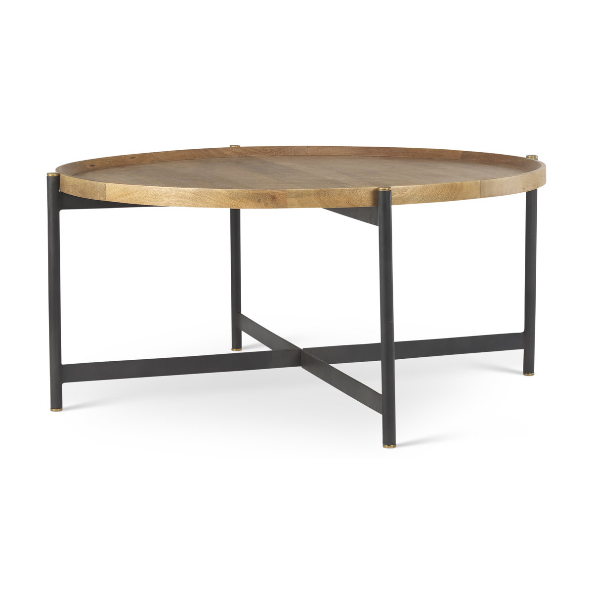 Marquisa 42' Round Medium Brown Wood with Black Metal Large Coffee Table, by Mercana, 42" length x 42" width x 19" height View 1