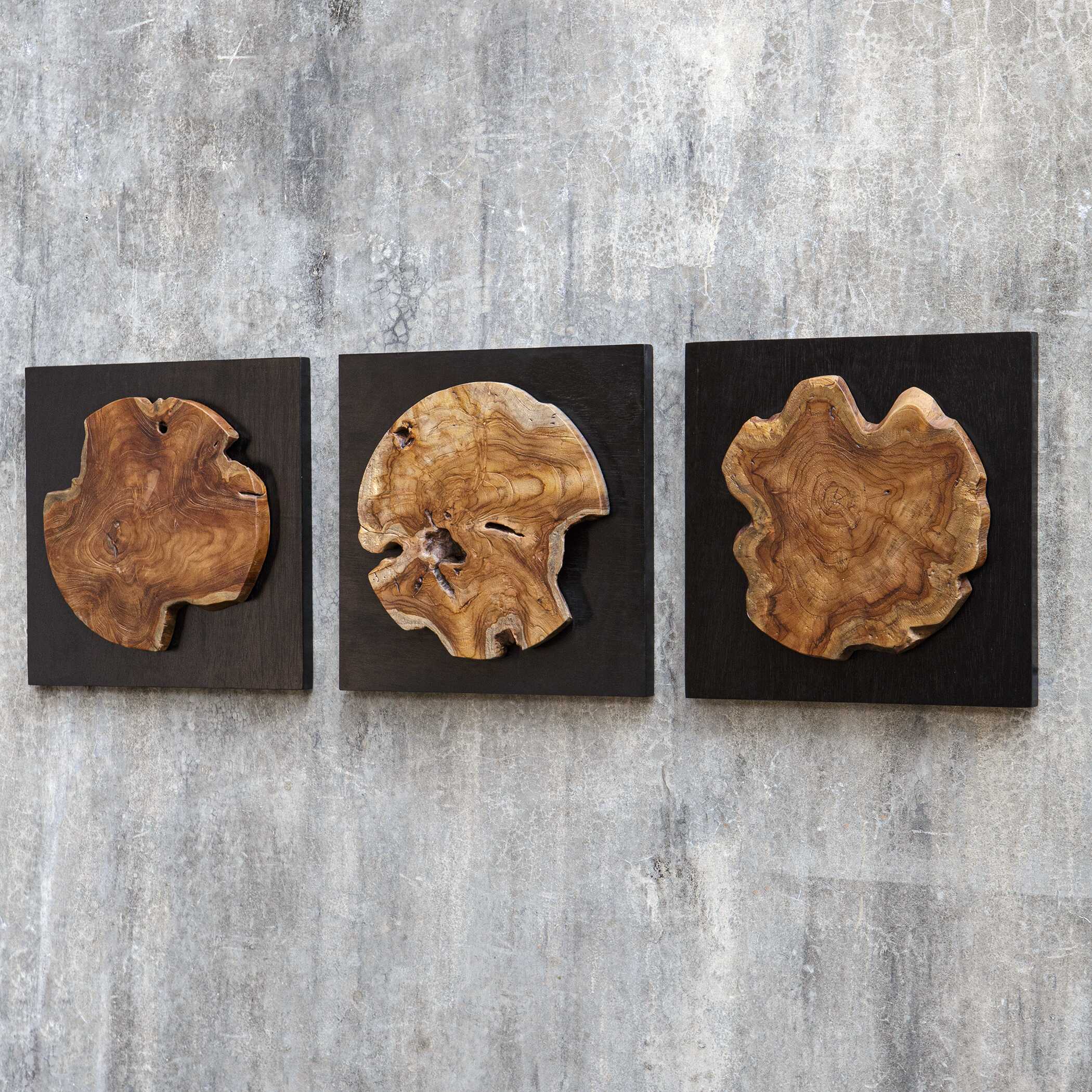 Kolini Teak Wood Wall Decor Set/3, Sculptural Wall Art by Uttermost, 20" width x 20" height x 2.5" depth View 4