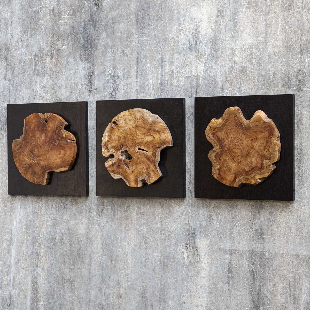 Kolini Teak Wood Wall Decor Set/3, Sculptural Wall Art by Uttermost, 20" width x 20" height x 2.5" depth View 4