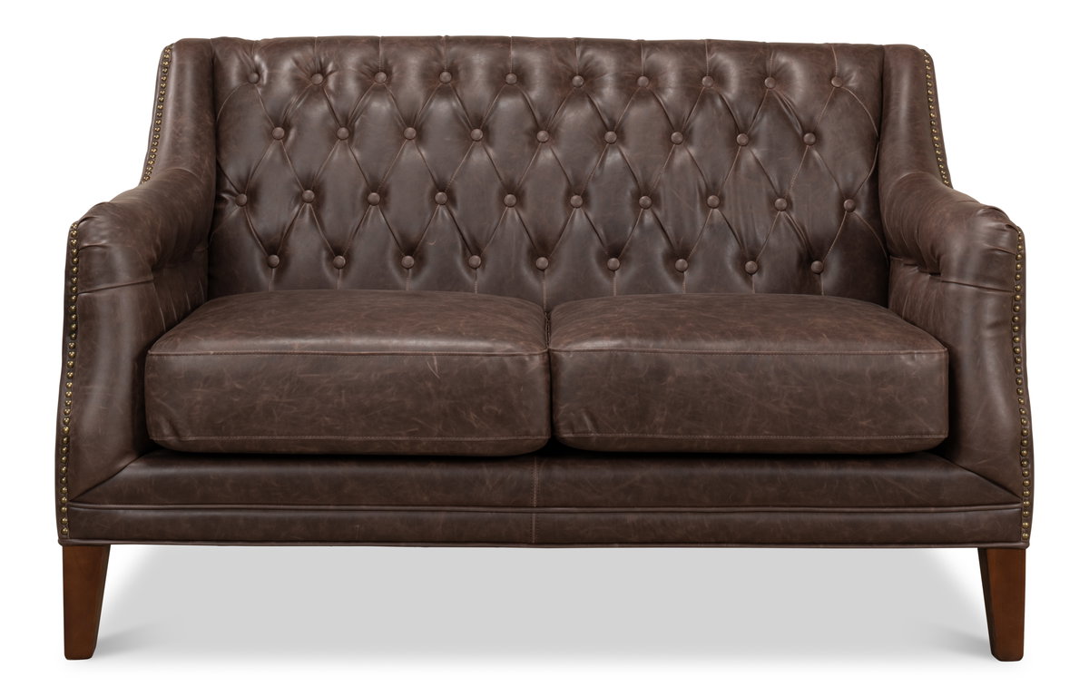 Brooks Leather Tufted 2 Seat Sofa, by Sarreid, 2'8" length x 4'6" width x 2'9" height View 3