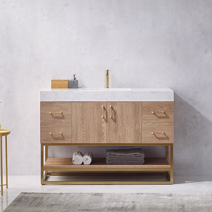 Online Designer Bathroom Vinnova Alistair 48-in North American Oak Undermount Single Sink Bathroom Vanity with White Engineered Stone Top
