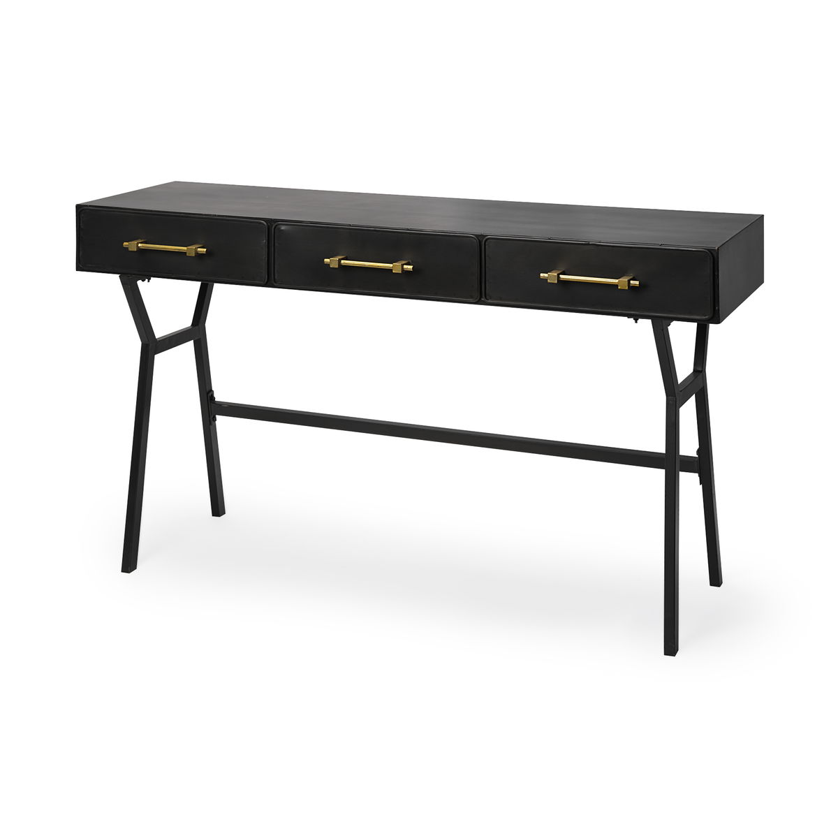Vince 51L x 18W Black Metal with Gold Accents 3 Drawer Office Desk, by Mercana, 51.18" length x 18.31" width x 31.1" height View 1