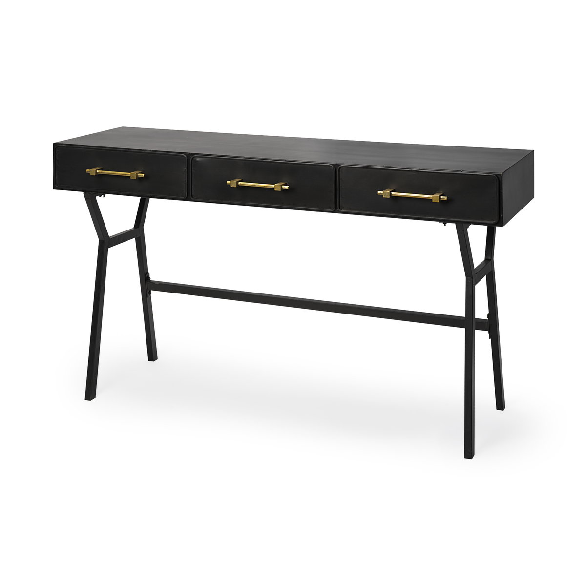 Vince 51L x 18W Black Metal with Gold Accents 3 Drawer Office Desk, by Mercana, 51.18" length x 18.31" width x 31.1" height View 1