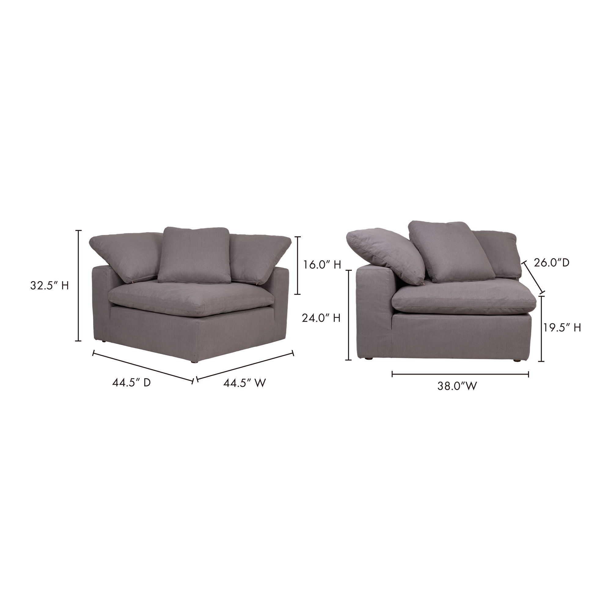 Clay Corner Chair Light Grey, Sectional Sofa by Moe's Home, 44.5" width x 32.5" height x 44.5" depth View 11
