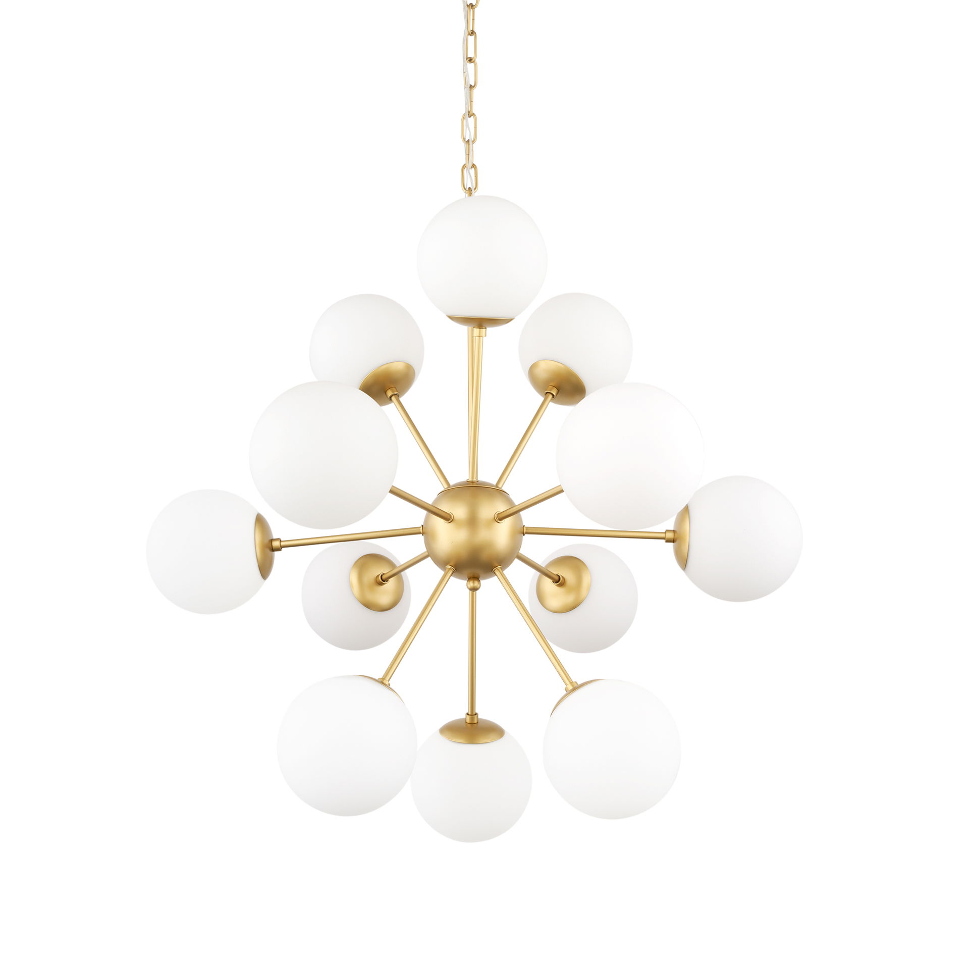 Barbara Brushed Gold Metal with Frosted Glass Globes 11-Light Chandelier, by Mercana, 31.5" length x 31.5" width x 31.5" height View 1