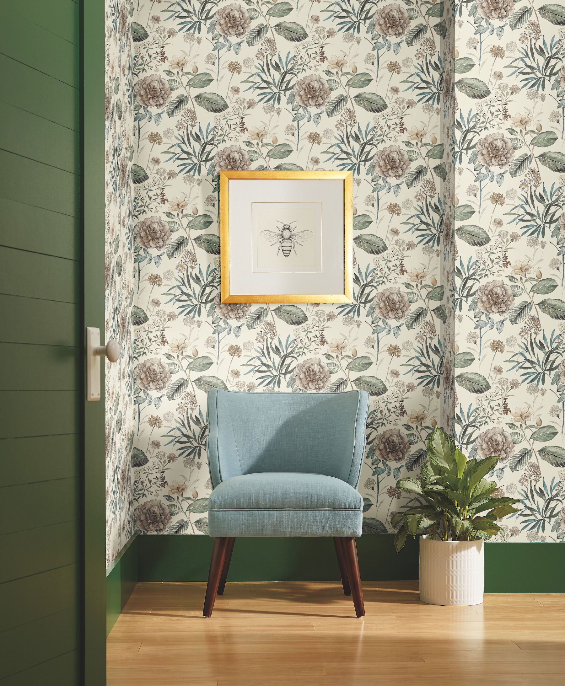 Midsummer Floral Beige & Green Wallpaper, by York Wall, 27' length x 2'3" width x 0.02" depth View 2