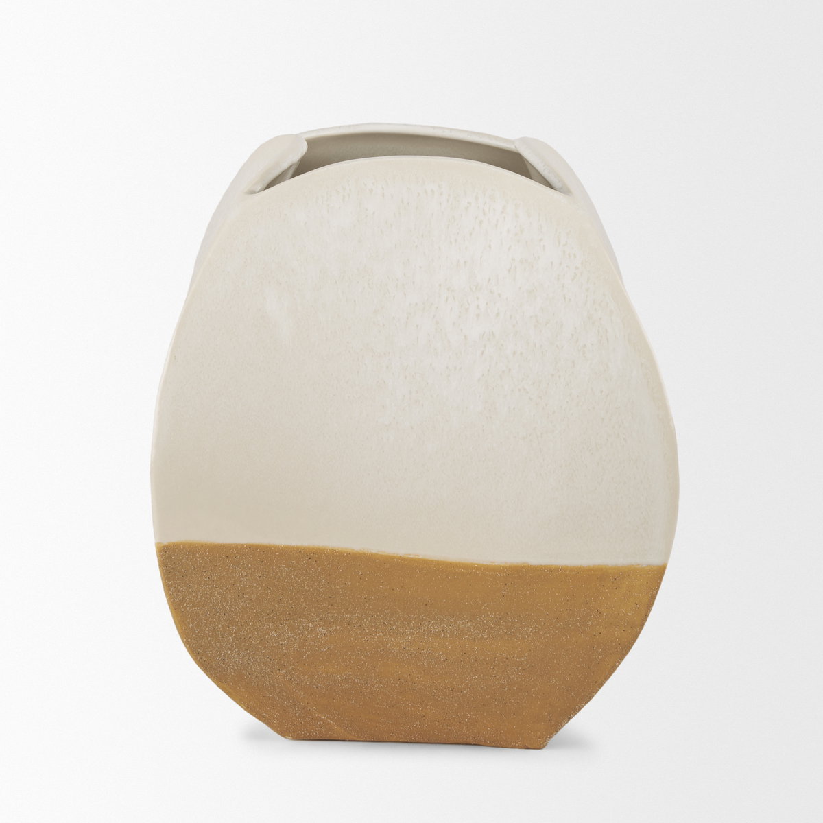Vania Short Off White with Tan Textured Ceramic Vase, by Mercana, 9.06" length x 8.86" width x 10.43" height View 3