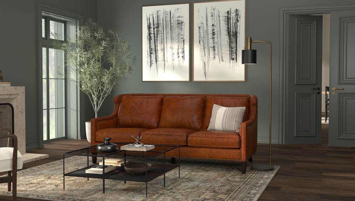 Philipe Distilled Leather Sofa Brown, by Sarreid, 7' width x 3' height View 14