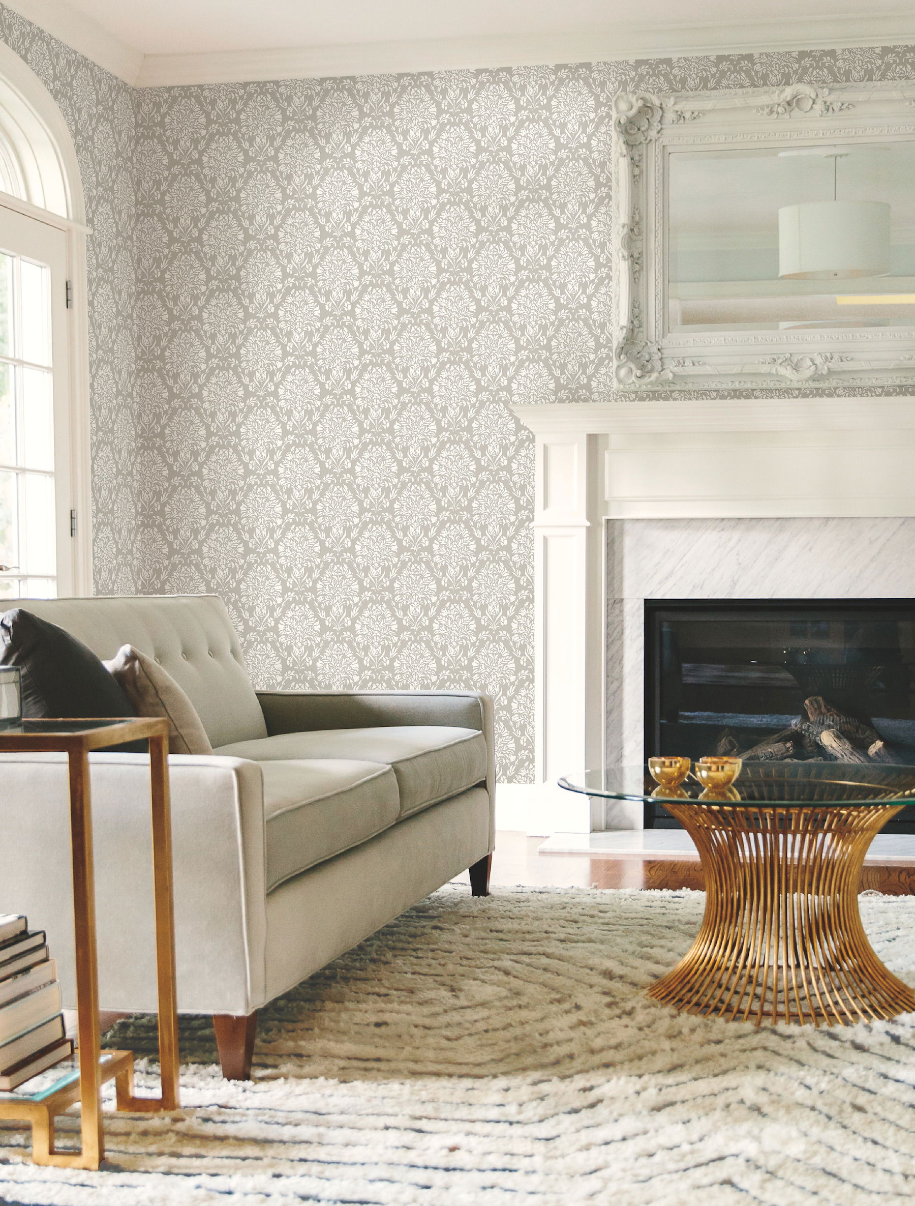 Block Print Damask Grey Wallpaper large image 