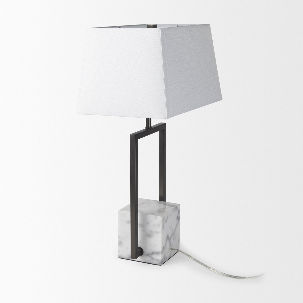 Peyton  Black Metal with Marble Cube and White Shade Table Lamp, by Mercana, 14" length x 9" width x 26.2" height View 4