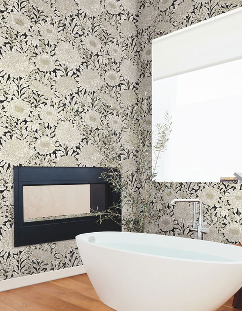 Wood Block Blooms Black & Gold Wallpaper
