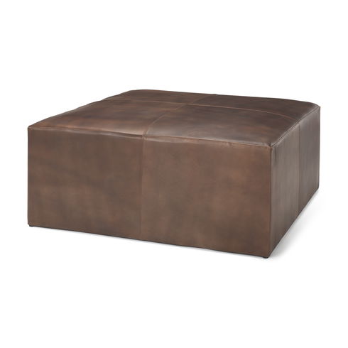 Minara 36" Square Brown Leather Wrapped with Wood Base Ottoman