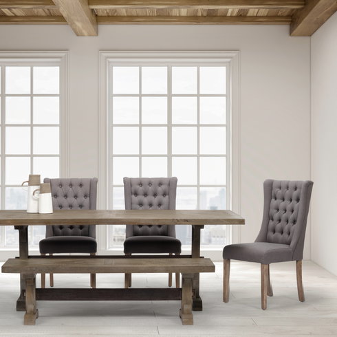 Mackenzie High-Back Dining Side Chair | Gray Plush Linen with Ash Wood