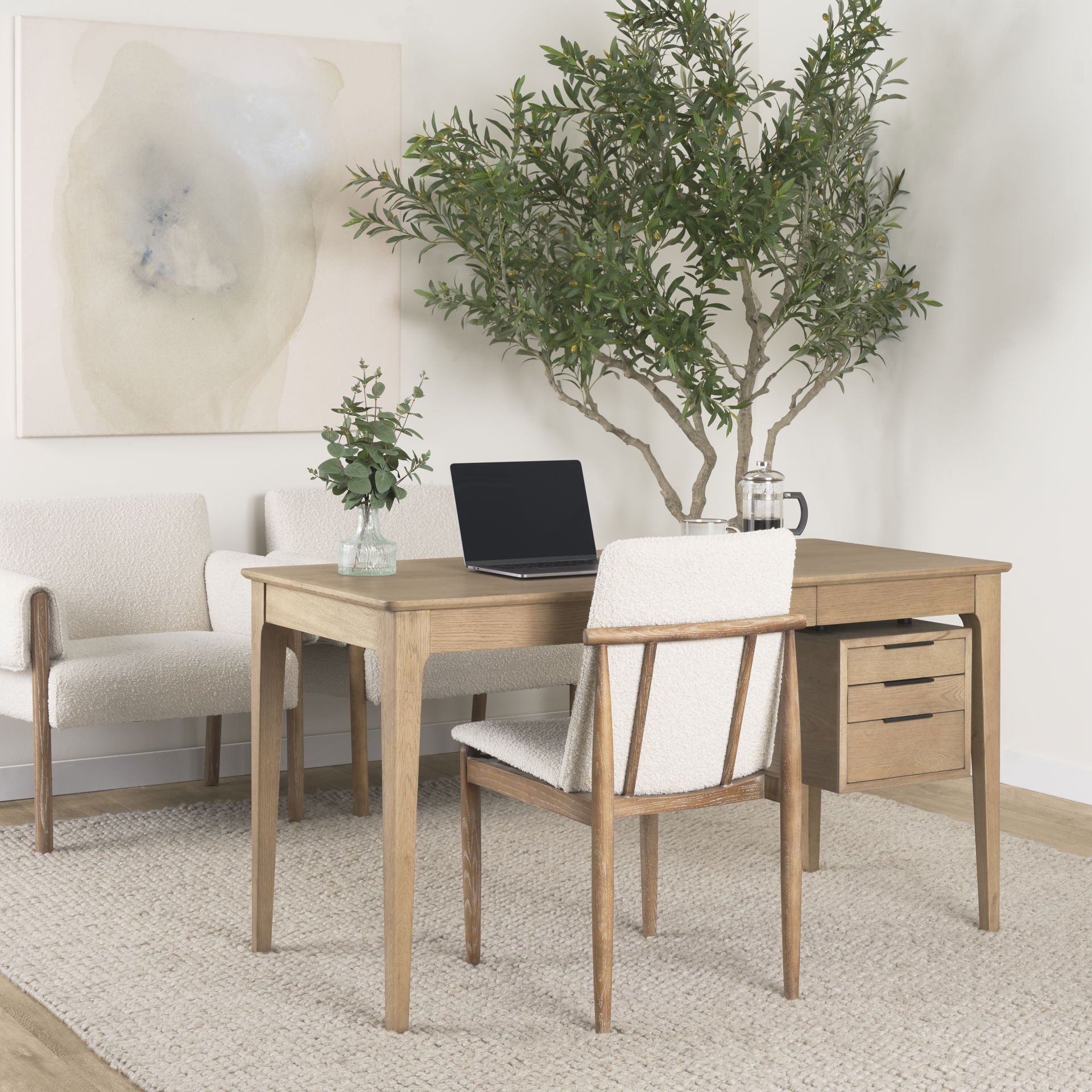 Cavett Cream Boucle Upholstered Seat with Light Brown Wood Frame Dining Chair, by Mercana, 18" length x 24.21" width x 33.46" height View 3