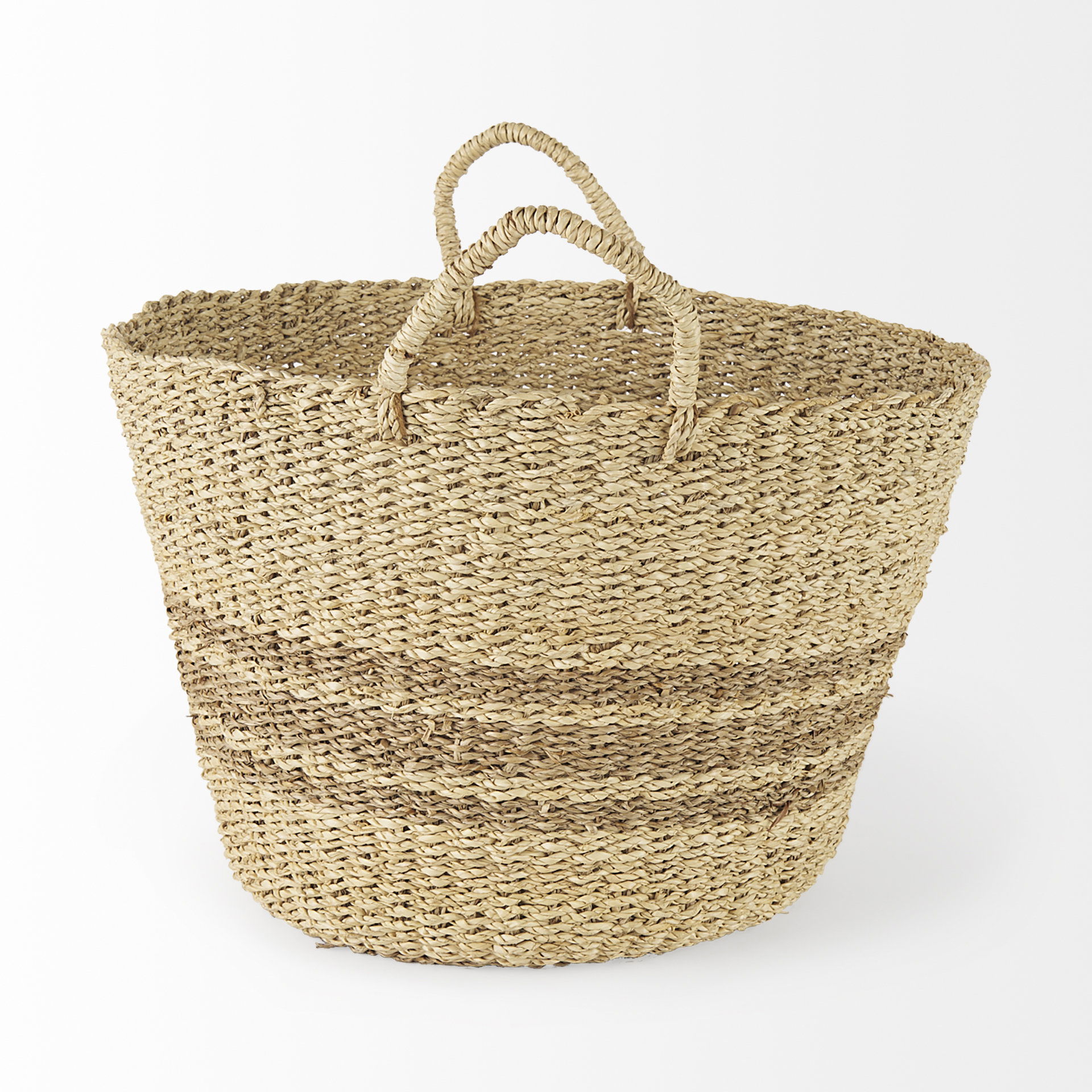 Vance  Light Brown Palm Leaf and Seagrass Round Basket with Handles, Bins & Basket by Mercana, 17.72" length x 17.72" width x 11.81" height View 3