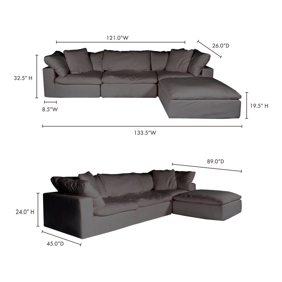Clay Lounge Modular Sectional Light Grey, Sectional Sofa by Moe's Home, 133.5" width x 32.5" height x 89" depth View 5