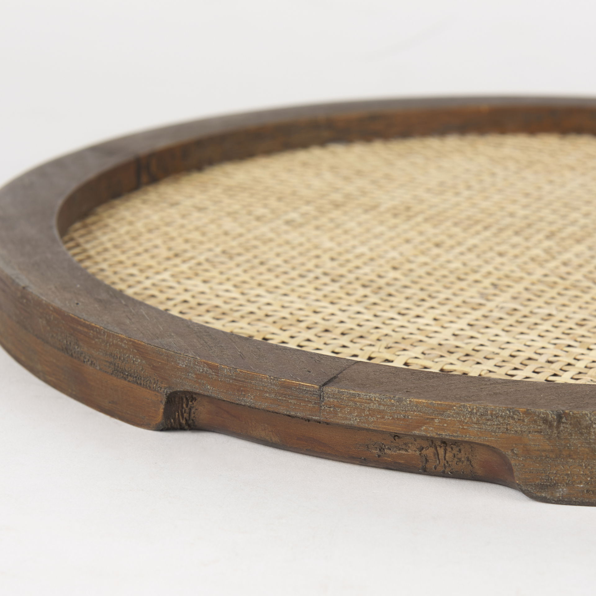 Silas Cane and Medium Brown Wood Round Tray, Decorative Tray by Mercana, 15.75" length x 15.75" width x 0.98" height View 6