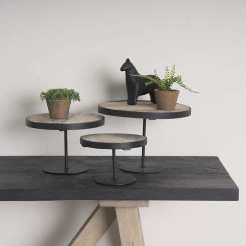 Lorenz (Set of 3) Light Brown Wood with Black Metal Base Round Decorative Display Stands