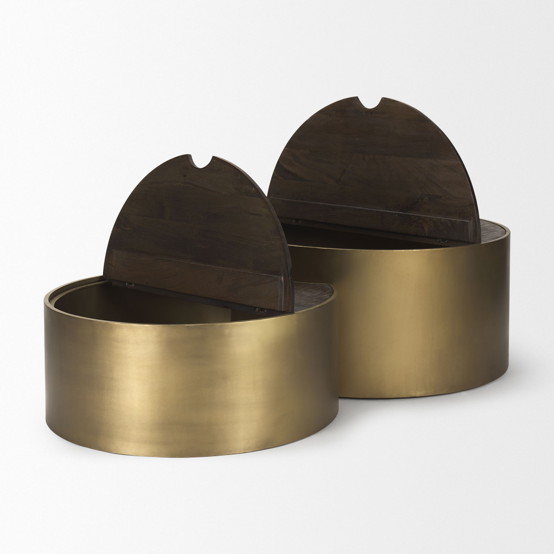 Eclipse Antique Brass Metal Drum Base with Dark Brown Wood Top Nested Coffee Table large image 