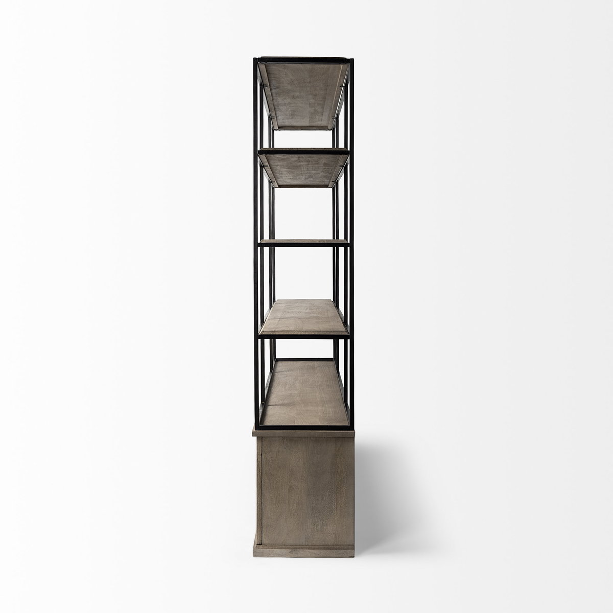 Braxton I Light Brown Wood and Iron Three Shelf Shelving Unit 81.5L x 18.5W x 90, Shelving & Bookcase by Mercana, 81.5" length x 18.5" width x 90" height View 3