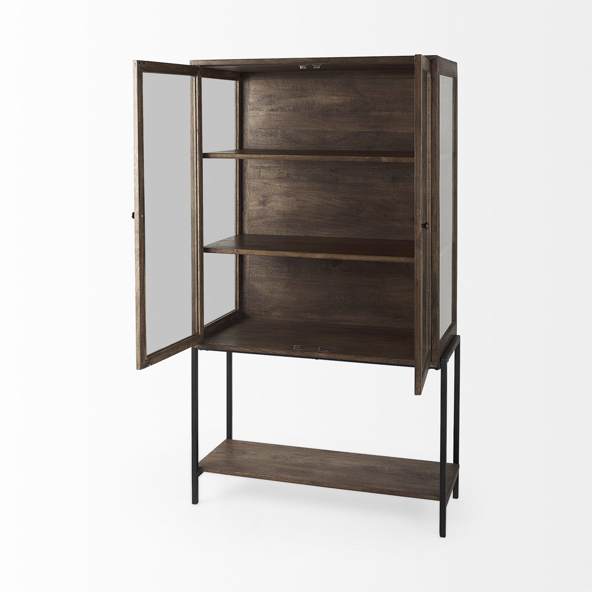 Arelius 36L x 18.75W x 63H Medium Brown Wood with Black Metal Base Display Cabinet, Cabinets & Sideboard by Mercana, 36" length x 18.75" width x 63" height View 7