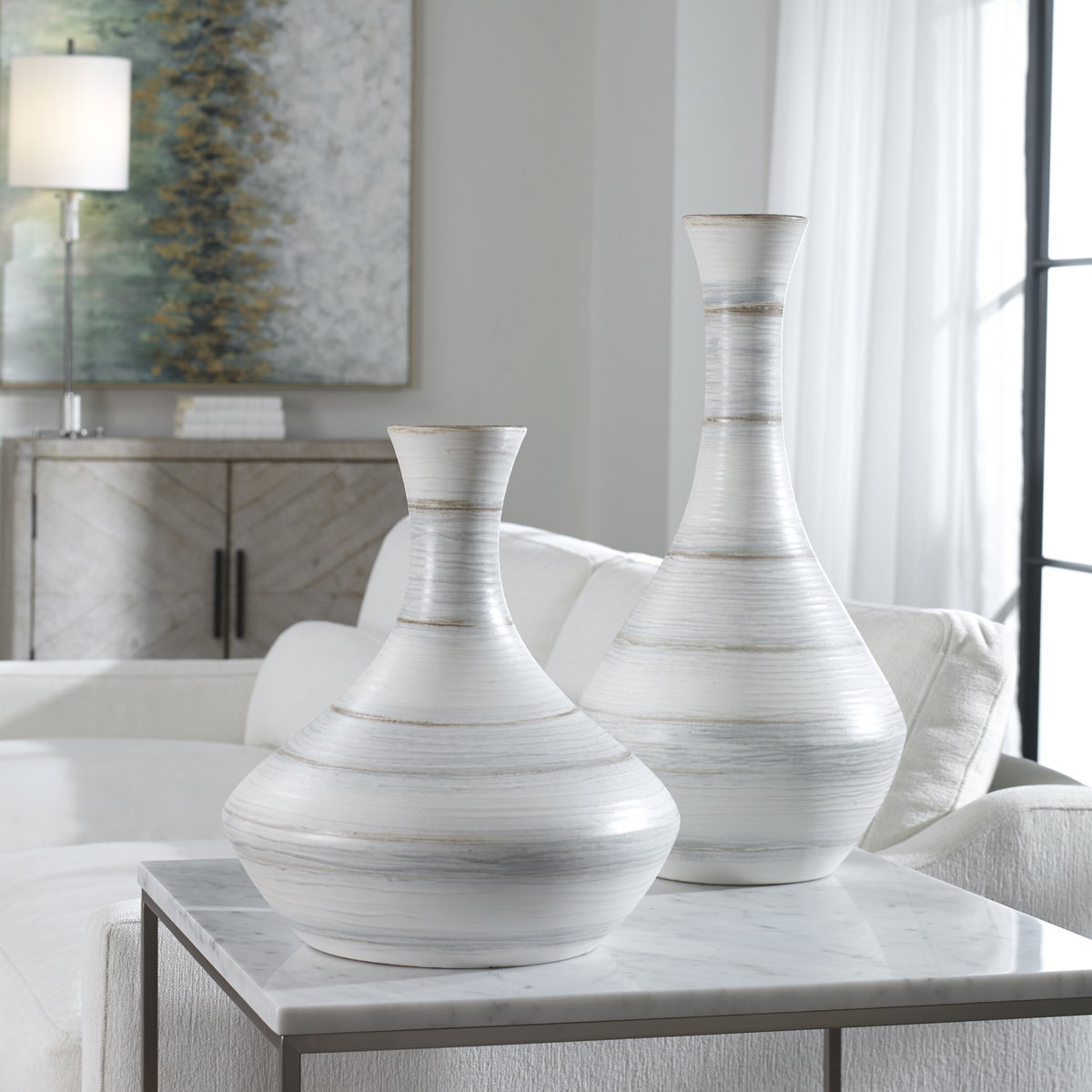 Potter Fluted Striped Vases Set/2, by Uttermost, 10.62" width x 20.6" height x 10.62" depth View 4