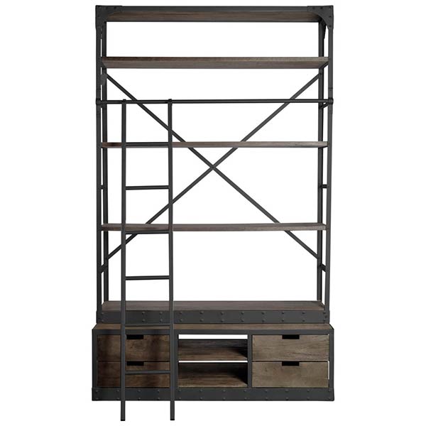 Brodie VIII 57L x 20.5W x 94H Brown Wood Gun-Metal Ladder Four Shelf Shelving Unit, Shelving & Bookcase by Mercana, 57" length x 20.5" width x 94" height View 3