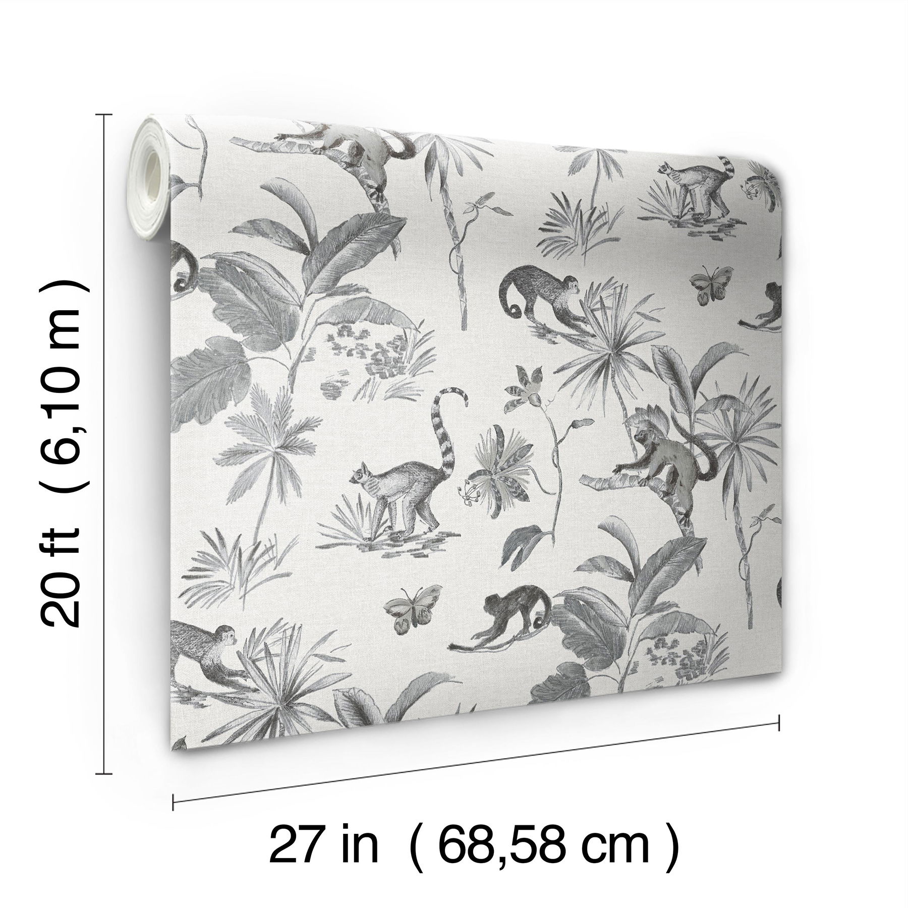 Botanicals & Lemurs Grey Peel & Stick Wallpaper large image 