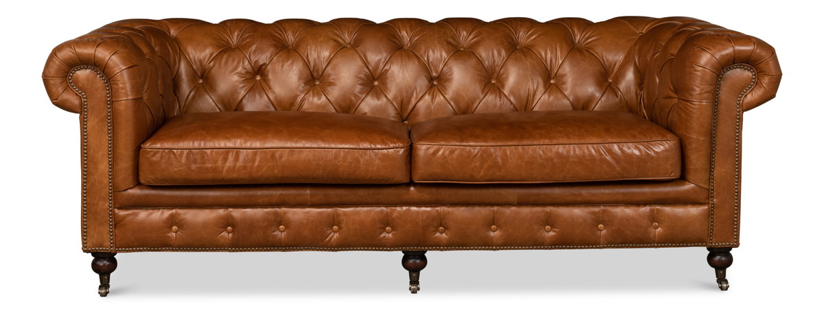 Tufted English Club Sofa  Cuba Brown, by Sarreid, 3'2" length x 7'5" width x 2'8" height View 2