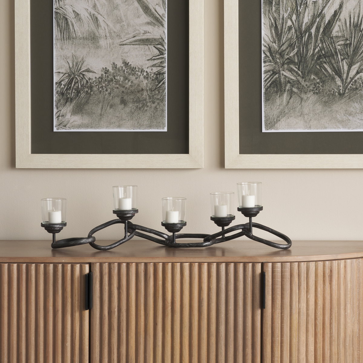 Quito Black Metal Chain-Link Five Candle Table Candle Holder, Candles & Candle Holder by Mercana, 7.68" length x 28" width x 4.69" height View 2
