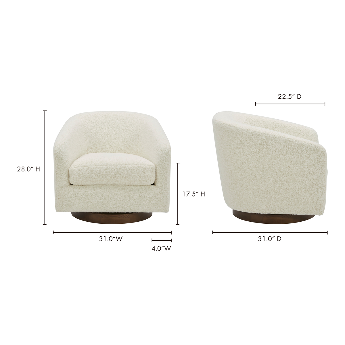 Oscy Swivel Chair Faux Shearling White, Accent Chair by Moe's Home, 31" width x 28" height x 31" depth View 14