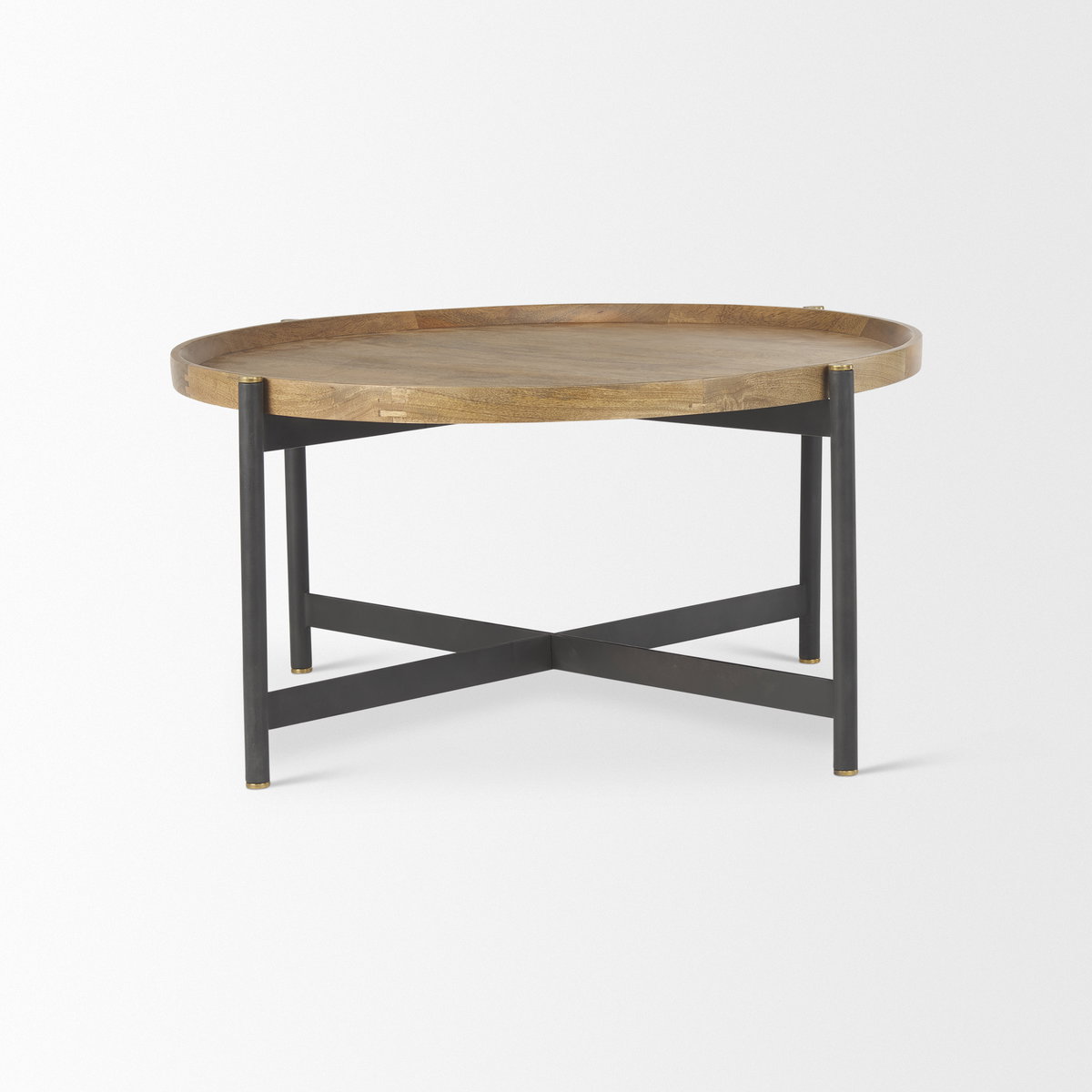 Marquisa 34.25' Round Small Brown Wood with Black Metal Coffee Table, by Mercana, 34.25" length x 34.25" width x 16.5" height View 3